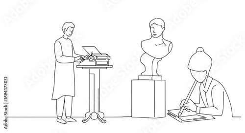 Illustration of a writer at a typewriter with a bust and another person drawing nearby in black and white vreated with genrated ai