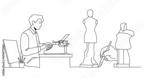 A line drawing showing a writer at a typewriter and a sculptor working on a dress form statue vreated with genrated ai