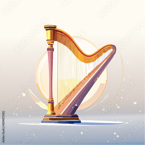Elegant golden harp with delicate strings evokes peaceful classical music and serene melodies