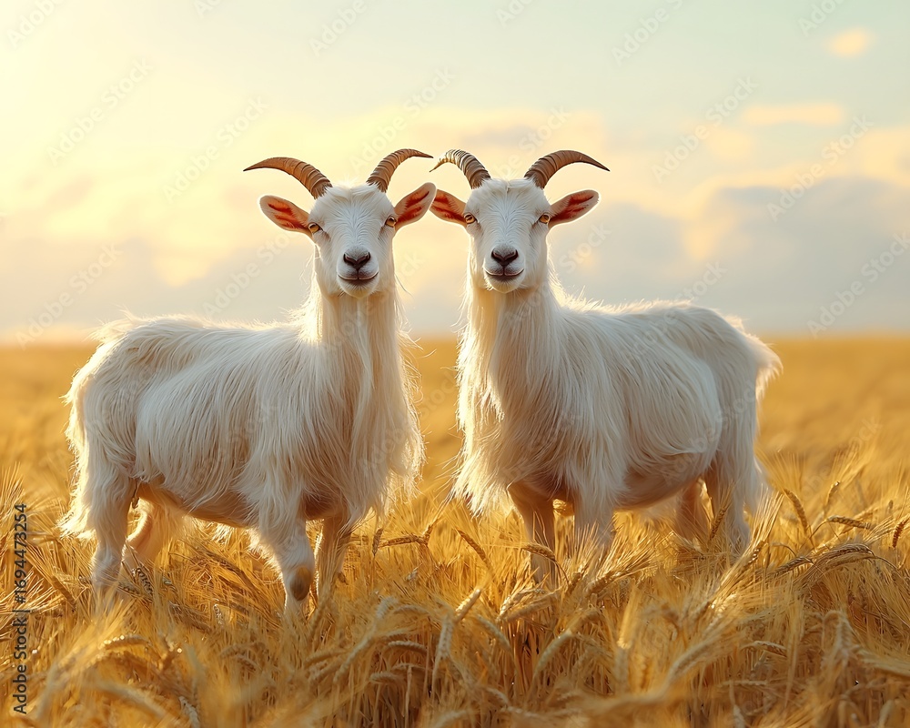 Obraz premium Two white goats stand in a golden wheat field at sunset