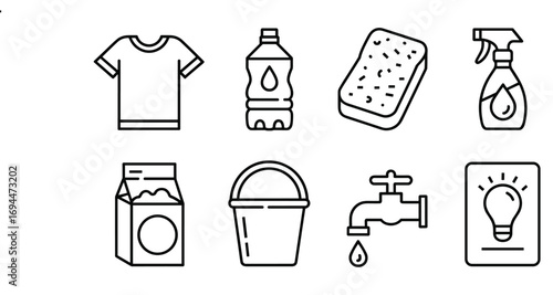 Household cleaning and laundry icons including t-shirt bottle sponge spray bucket and lightbulb water