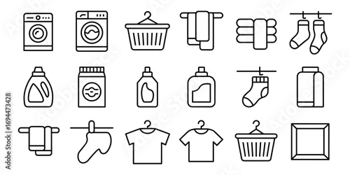 Laundry And Cleaning Product Icons In Outline Style On White Background washing machine
