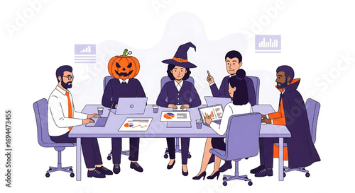 Halloween office meeting: employees dressed in costumes, business concept
