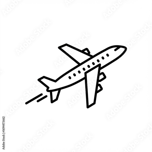 Airplane taking off with visible contrails and wing details in a minimalist black and white line drawing vreated with genrated ai