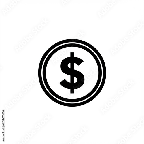 Illustration of a black and white coin with a dollar sign inside a circle on a white background image vreated with genrated ai
