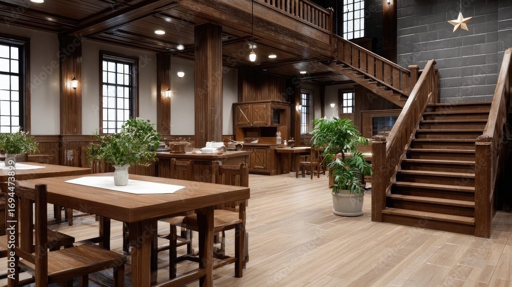 Fototapeta premium Explore a warm and inviting wooden restaurant featuring intricate architecture and a staircase leading to upper and lower dining spaces