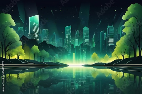 Eco-City at Dusk: A futuristic cityscape bathed in an ethereal green glow, reflected perfectly in the still waters below, evoking a sense of serene tranquility and eco-consciousness.