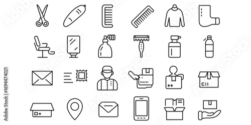 Set of Line Icons for Hairdressing, Delivery, and Communication Services scissors cutting