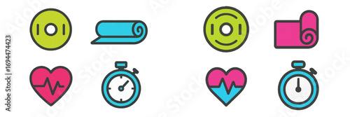 Modern collection of vibrant fitness and health icons featuring gym equipment, exercise accessories, and wellness symbols for an active lifestyle