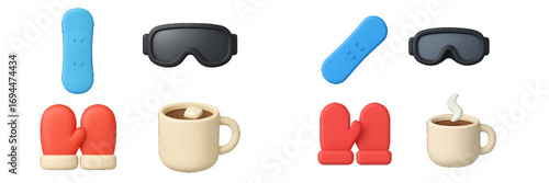 Winter sports and cozy hot drink items set with snowboards, ski goggles, warm mittens, and steaming mugs