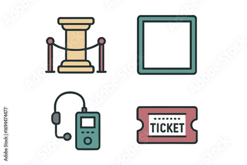 Set of museum and art gallery icons including exhibit pedestal with stanchions, picture frame, audio guide, and admission ticket
