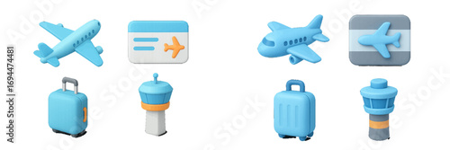 3D style airport and travel icon set with airplane, luggage, flight ticket, and air traffic control tower symbols isolated on a white background