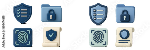 3D security icon set with shield, padlock, fingerprint, and policy symbols for data protection and privacy concepts
