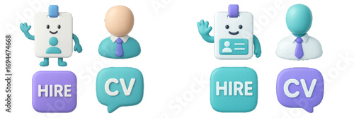3D icon set for job search and recruitment with candidate profile, CV, hire button, and ID badge character for business applications