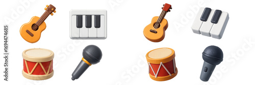 Set of 3D style musical instrument icons including guitar, piano keyboard, drum, and microphone for music apps and websites
