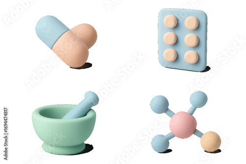 3D medical and pharmacy icon set with pills, capsule, blister pack, mortar and pestle, and molecule structure on a white background