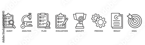 Assessment icon set illustration concept with icon of audit, analysis, plan, evaluation, quality, process, results, goal 