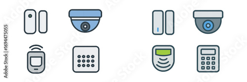 Security system icons set with surveillance camera, alarm keypad, and motion sensor for home protection
