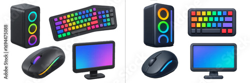Collection of modern gaming computer hardware with colorful RGB backlighting including a keyboard, mouse, monitor, and speaker