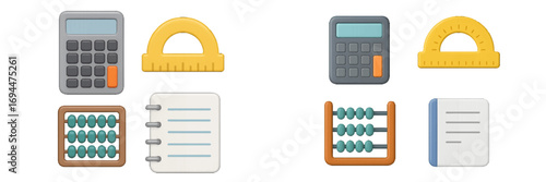 Collection of essential school and office supplies including calculators, protractors, abacuses, and notebooks