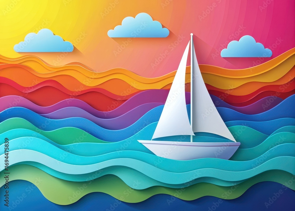 Naklejka premium Paper Cut Landscape with Sailing Boat on Vibrant Background