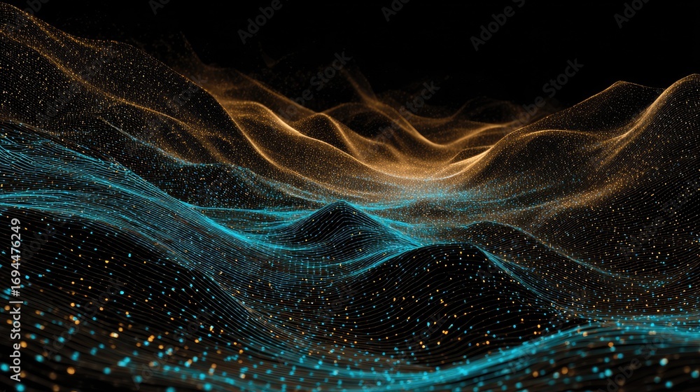 Fototapeta premium Golden and blue abstract wave patterns on a black background.