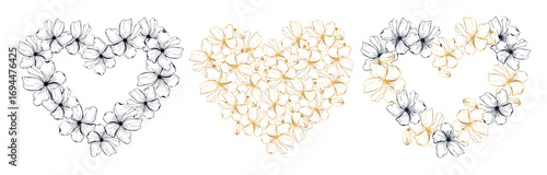 Hearts frame set with line art poppies flower, hand drawn vector illustration.