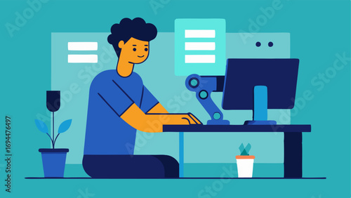 Design Process An illustration of a designer at a computer working on a digital model of a prosthetic limb with a 3D printer in the background.