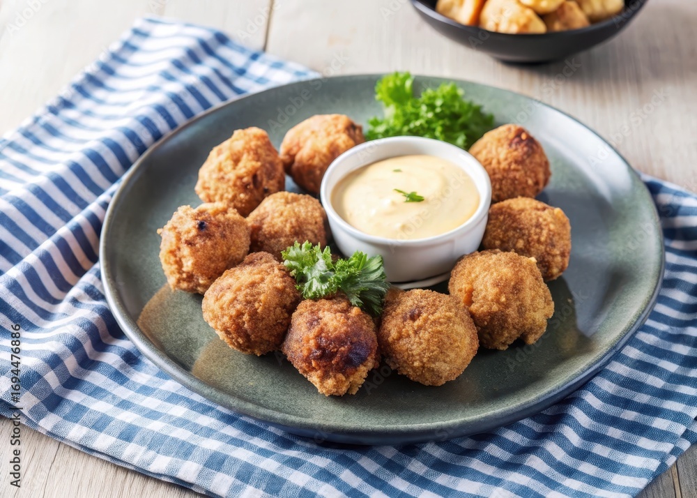 Deep-fried bull testicles on a plate with dipping sauce and sides Deep-fried bull testicles on a plate with dipping sauce and sides