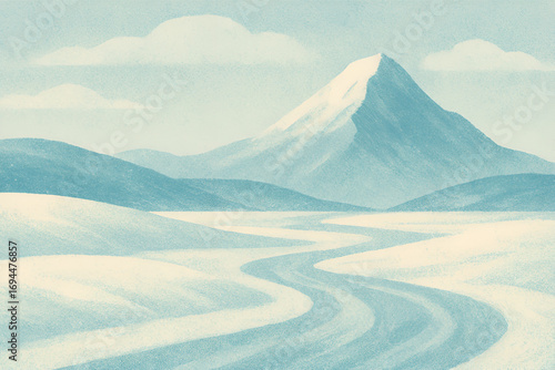 Snowy Mountain Landscape with Winding Path Leading to Snow-Capped Peak
