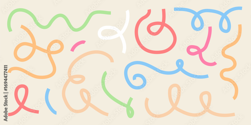 Naklejka premium Set of festive colorful squiggly lines. Geometric abstract shapes of ribbons. Dynamic party element set.