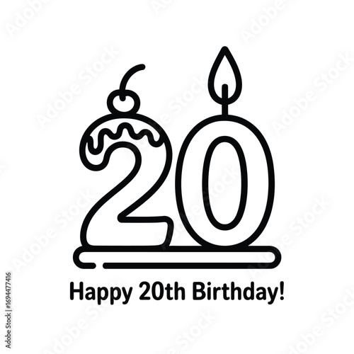 Happy 20th birthday celebration with number candles and cherry