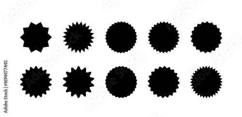 Starburst sticker set. Collection of simple black sunburst badges, deal tags, price tag or quality seal with wavy edge. Flat design vector elemens.