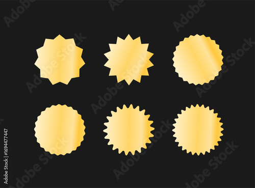 Starburst sticker set. Collection of gold sunburst badges, deal tags, price tag or quality seal with wavy edge. Flat design vector elemens.