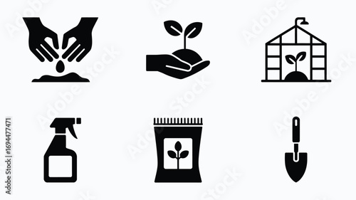 Vector icons illustrating gardening concepts planting seeds watering greenhouse and tools scalable eps format silhouette vector white background