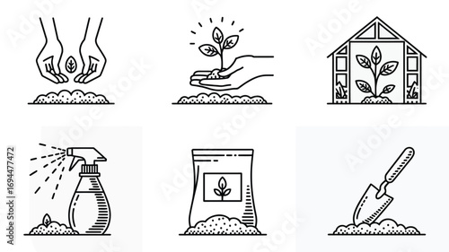 Set of six charming black and white icons illustrating the gardening and plant growth process vector silhouette vector white background