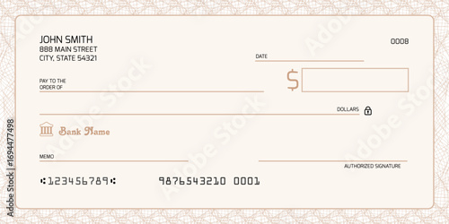 Blank bank check. Generic American cheque template vector design.