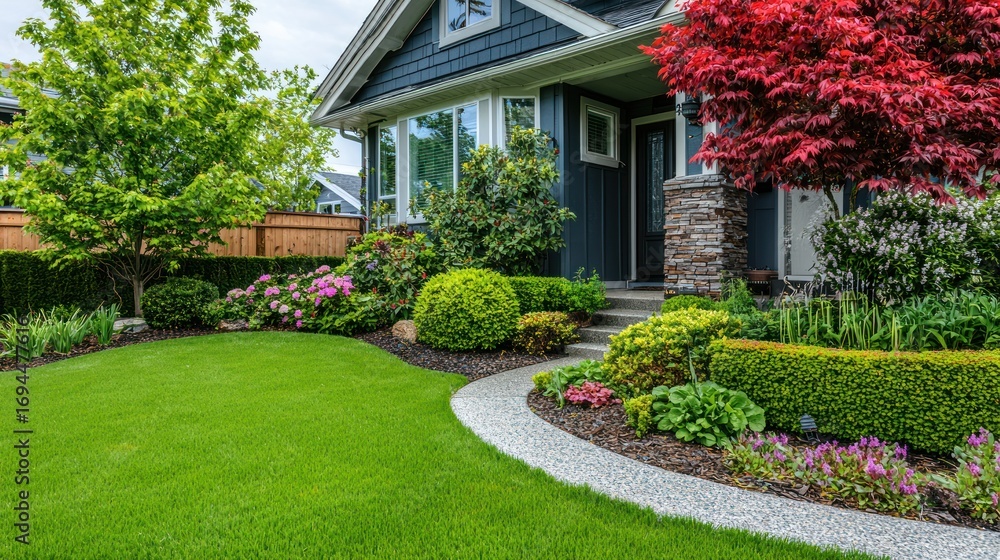 Fototapeta premium A beautifully landscaped front yard with a wellmaintained lawn, shrubs, and decorative plants.