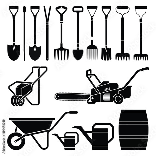 Collection of garden tools vector illustration scalable eps icon set silhouette vector white background