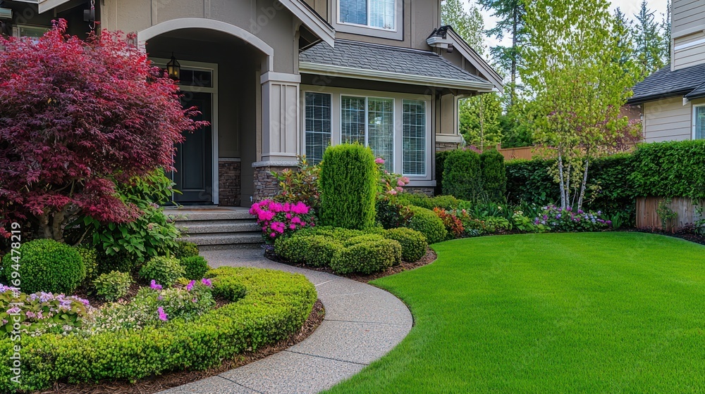 Fototapeta premium A beautifully landscaped front yard with a wellmaintained lawn, shrubs, and decorative plants.