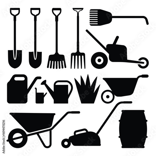 Vector illustration of garden tools including shovels rakes lawn mowers and wheelbarrows silhouette vector white background