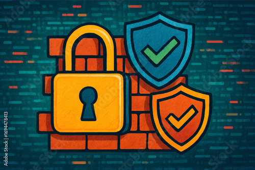 Yellow Padlock and Shields with Checkmarks against Brick Wall and Code Background
