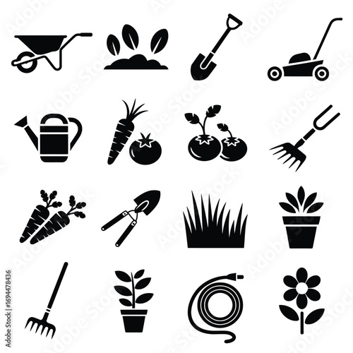 Gardening tools and plants collection vector illustration scalable eps graphics silhouette vector white background