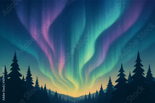 Evergreen Forest Silhouette with Aurora Borealis Night Sky