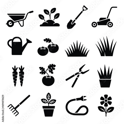 Collection of garden tools plants and equipment vector illustrations for various uses silhouette vector white background