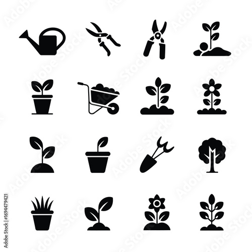 Collection of 16 scalable vector garden and plant icons for eps silhouette vector white background
