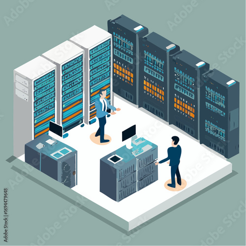 Modern data center isometric design with servers and it professionals