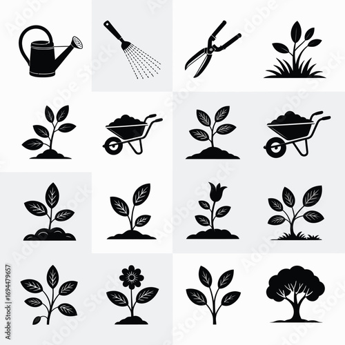 Set of sixteen elegant black and white garden tool and plant icons vector graphic silhouette vector white background