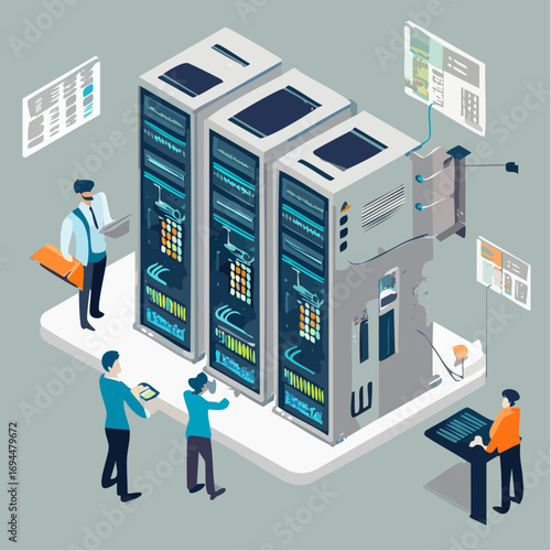 Modern data center isometric design with servers and it professionals