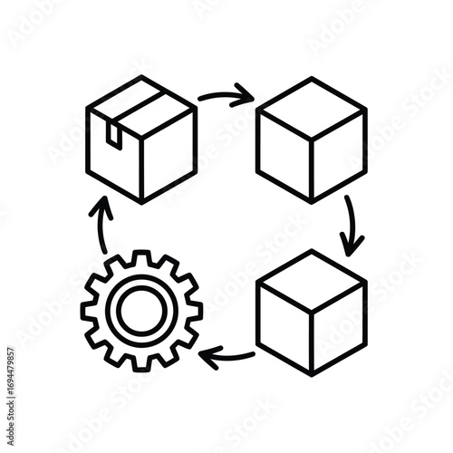 Supply chain logistics and workflow diagram with boxes and gear